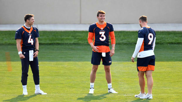 Denver Broncos quarterbacks Brett Rypien (4), Drew Lock (3) and Jeff Driskel (9).